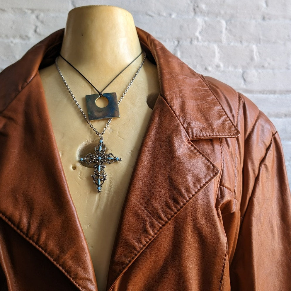 Vintage Rust Orange Leather Trench Coat Western Duster Red 70s Leather Jacket 2X