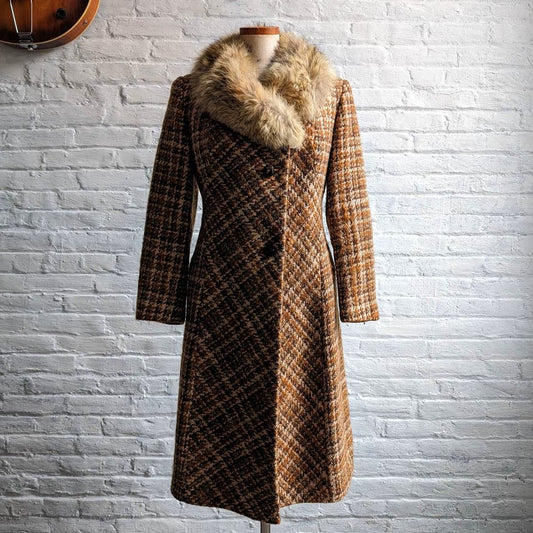 70s Vintage Penny Lane Wool Fur Coat Groovy Plaid Minimal Trench Afghan Jacket
