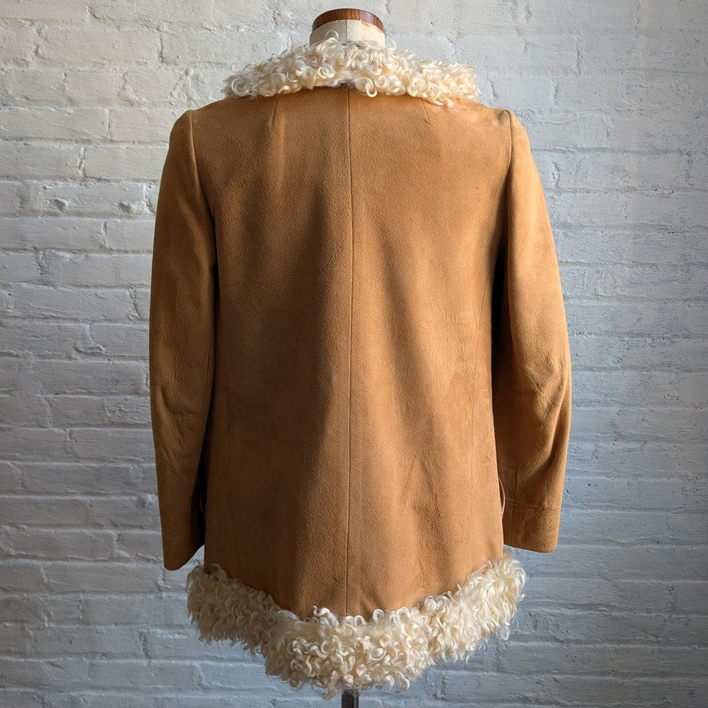 70s Vintage Neutral Tan Suede Penny Lane Jacket Genuine Leather Boho Fur Coat