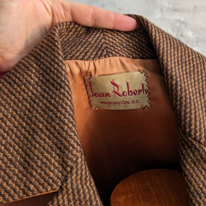 Vintage Brown Leather Jacket Rusty Orange Cropped Preppy Blazer Tweed Coat Small