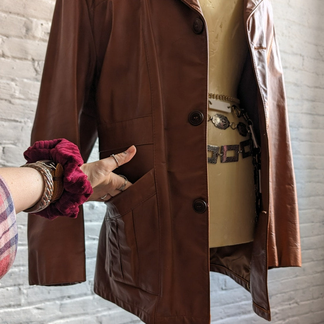 Vintage Rust Orange Leather Trench Coat Western Duster Red 70s Leather Jacket 2X