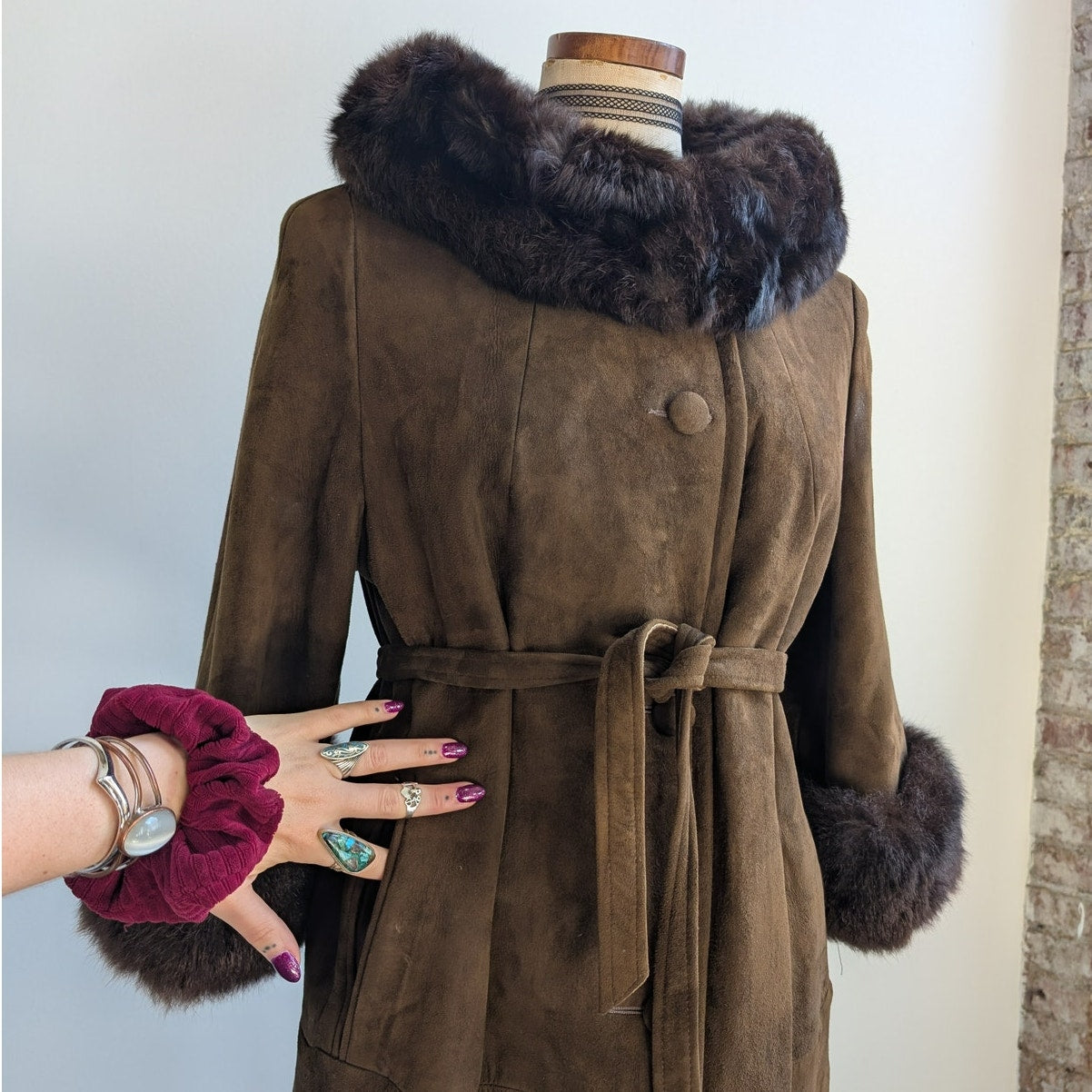 Vintage Brown Suede Penny Lane Jacket Fur Trim Leather Groovy Trench Coat Large