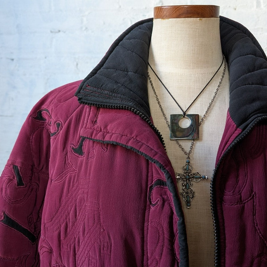 Vintage Purple Silk Jacket Embroidered Quilted Utility Boho Blanket Coat Small