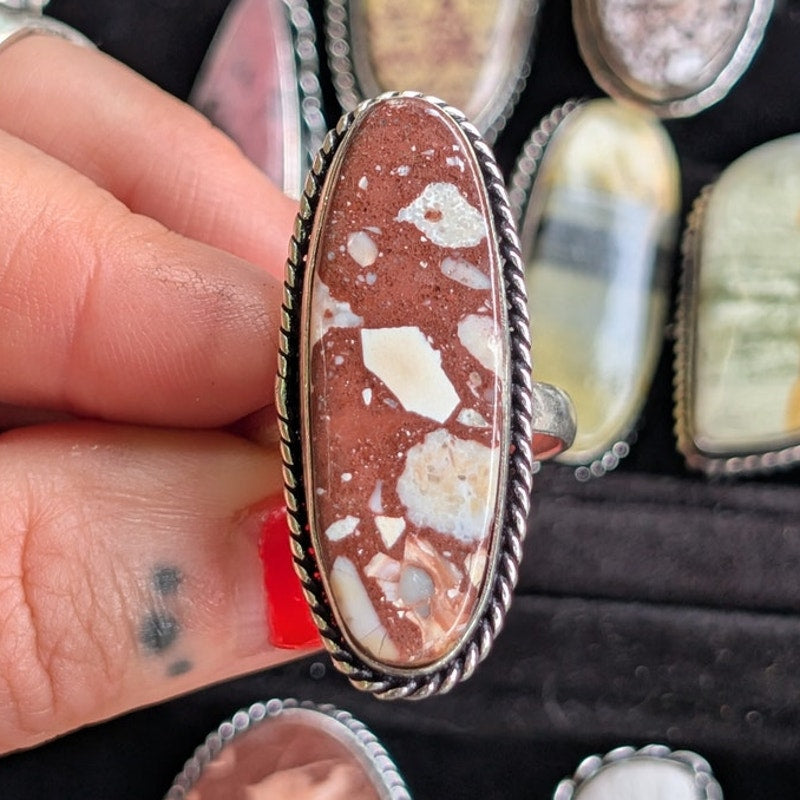 Red Oval Boho Ring Silver Statement Ring Groovy Vintage Southwest Rusty Size 8.5