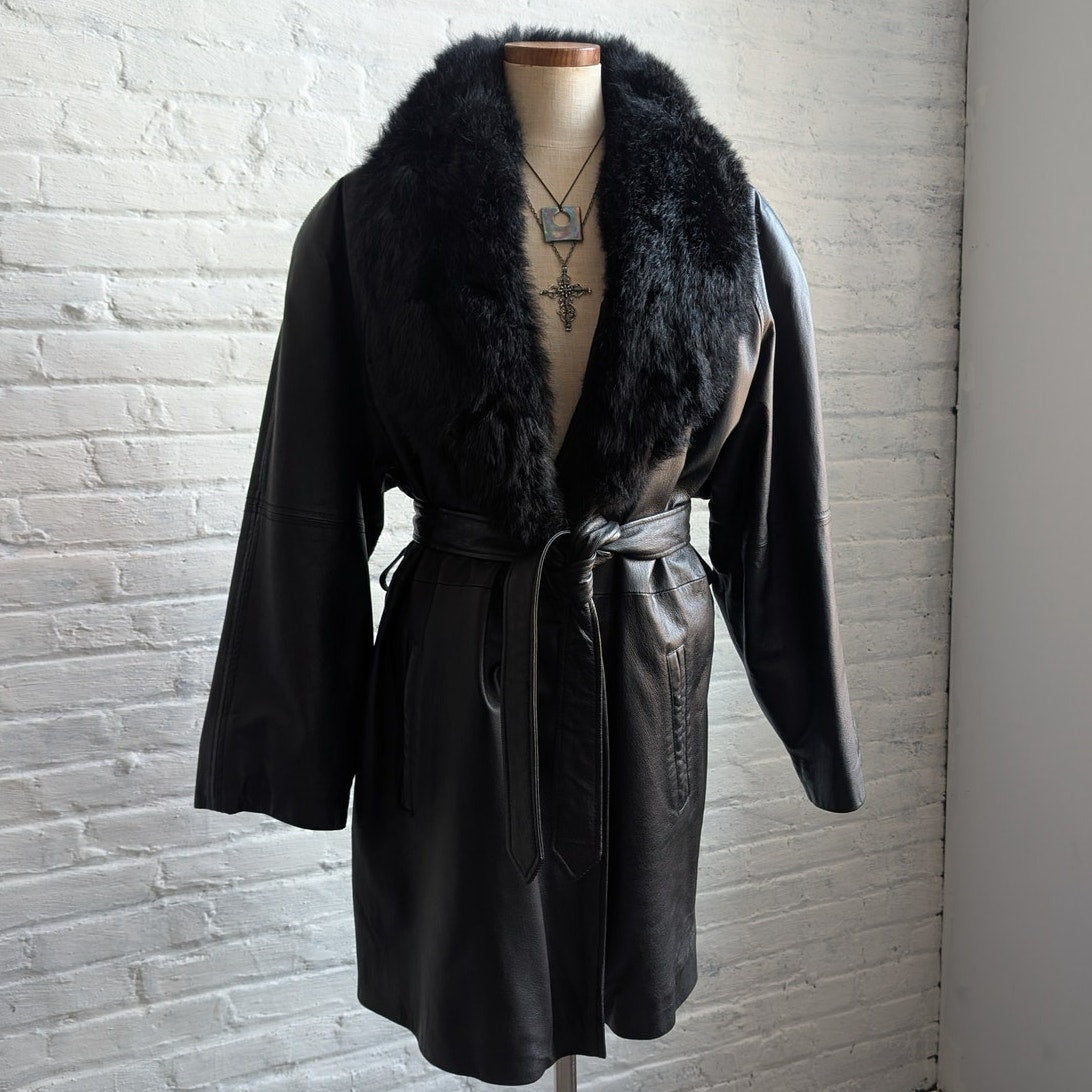 Vintage Black Leather Penny Lane Coat Fur Trench Minimalist Goth Furry Jacket