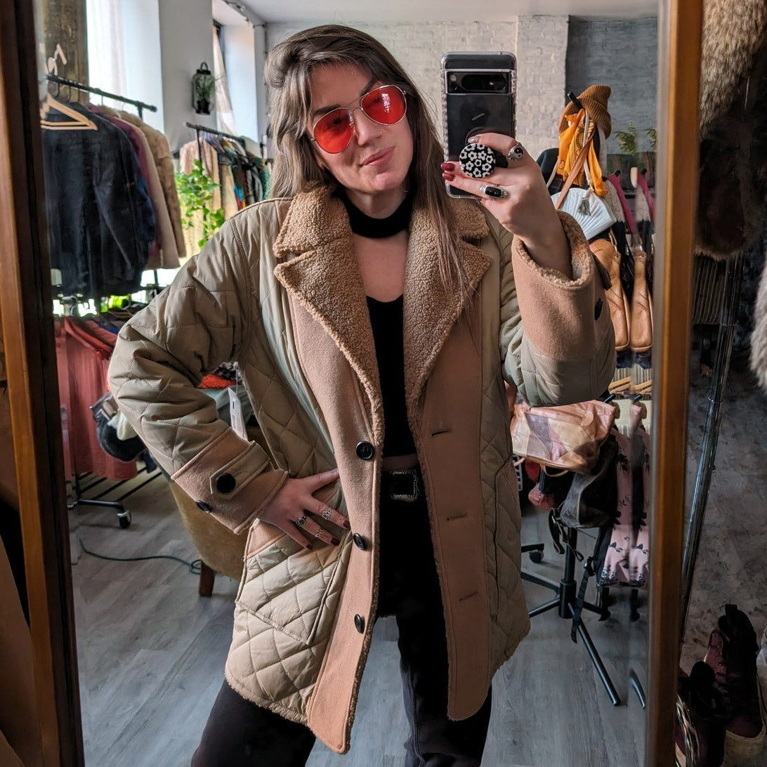 Brown Faux Fur Coat Teddy Jacket Quilted Puffer Coat Designer Reversible Medium