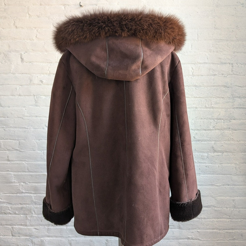 Vintage Brown Faux Suede Fox Fur Trim Coat Minimalist Mini Trench Boho Jacket