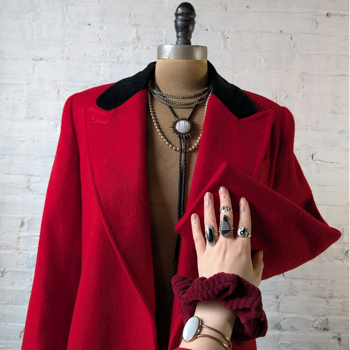 Vintage Red Wool Trench Coat Statement Velvet Collar Dark Romance Pleated Jacket