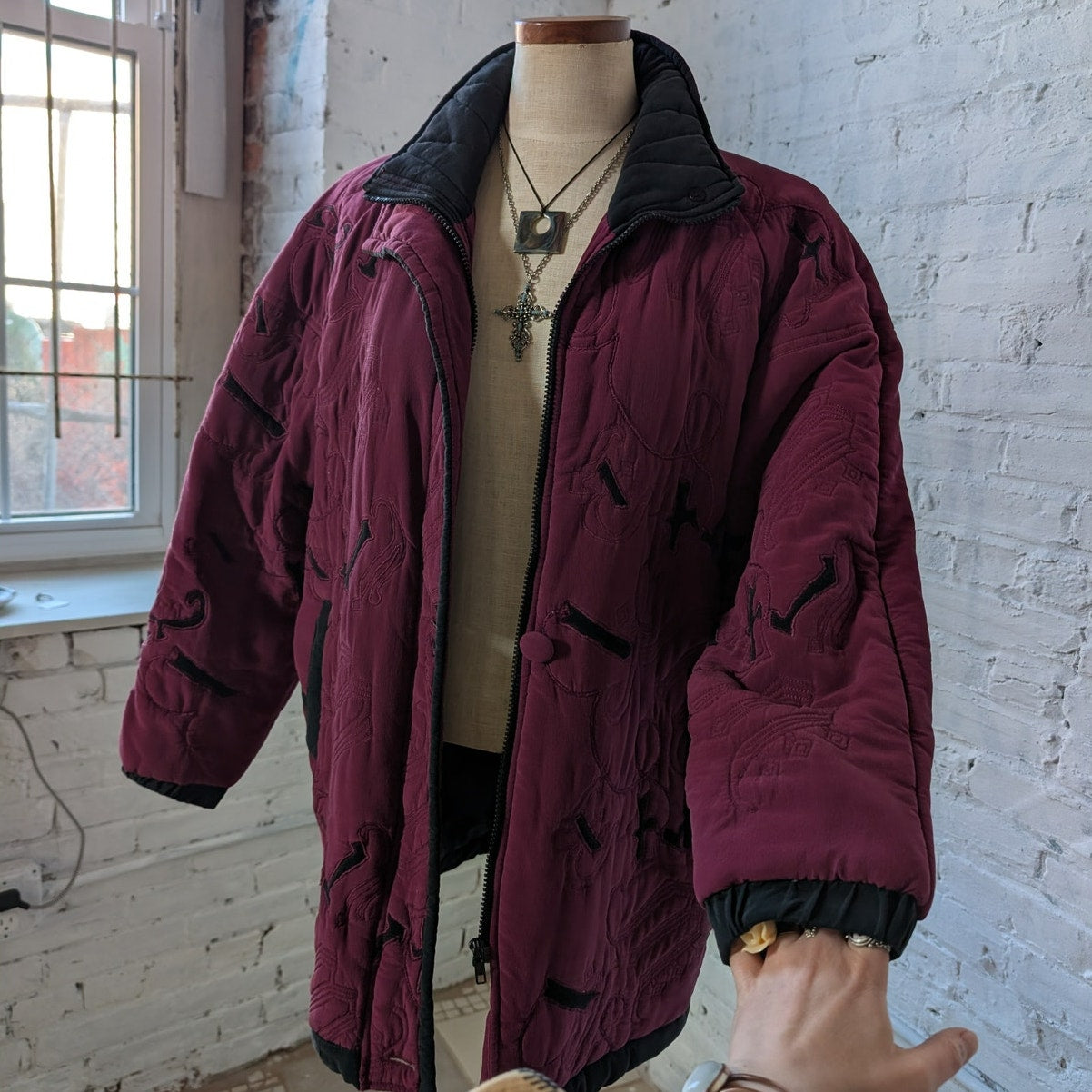 Vintage Purple Silk Jacket Embroidered Quilted Utility Boho Blanket Coat Small