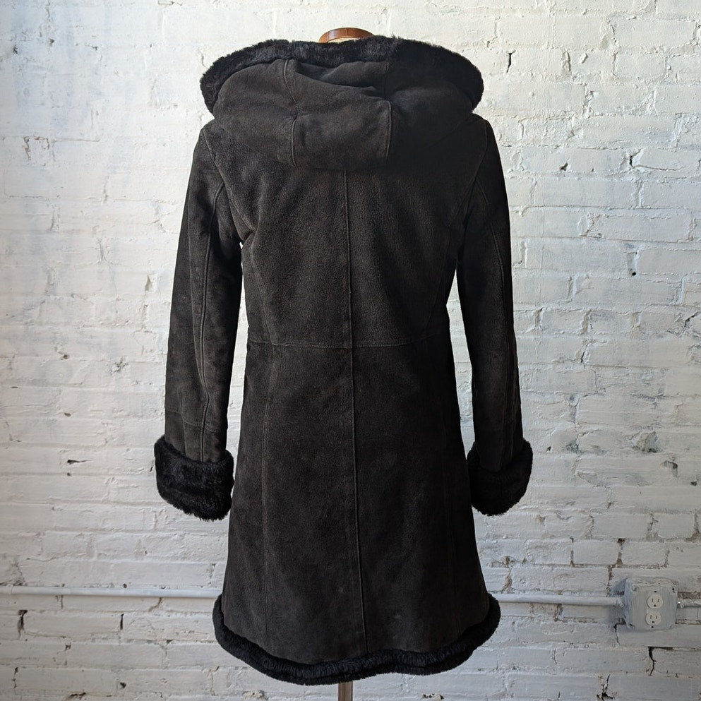 Vintage Black Suede Leather Penny Lane Coat Faux Fur Trench Minimalist Jacket