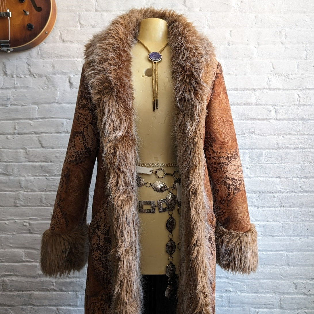 90s Vintage Penny Lane Groovy Faux Fur Jacket S Boho Afghan Tapestry Trench Coat