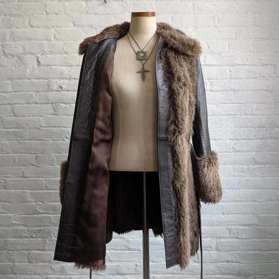 70s Vintage Black Brown Leather Penny Lane Coat Faux Fur Groovy Boho Moto Jacket