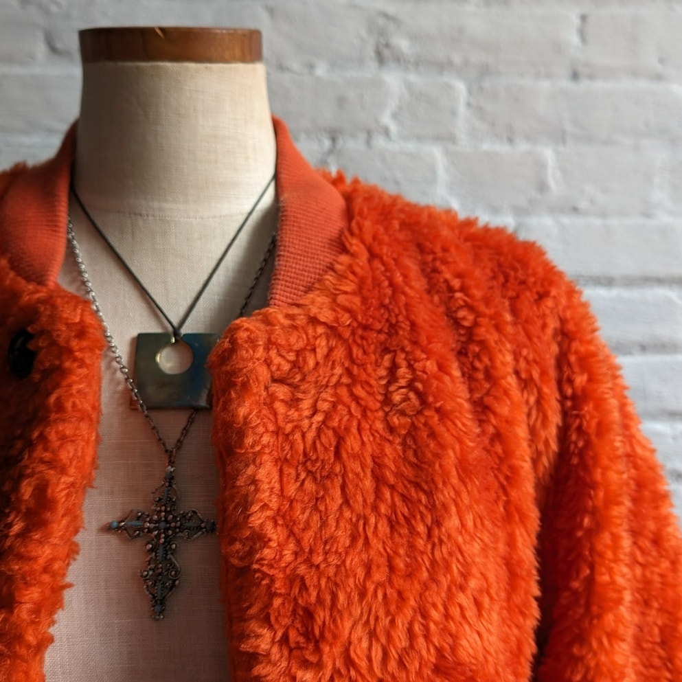 Uniqlo Faux Fur Orange Coat Fuzzy Bomber Indie Retro Statement Preppy Jacket