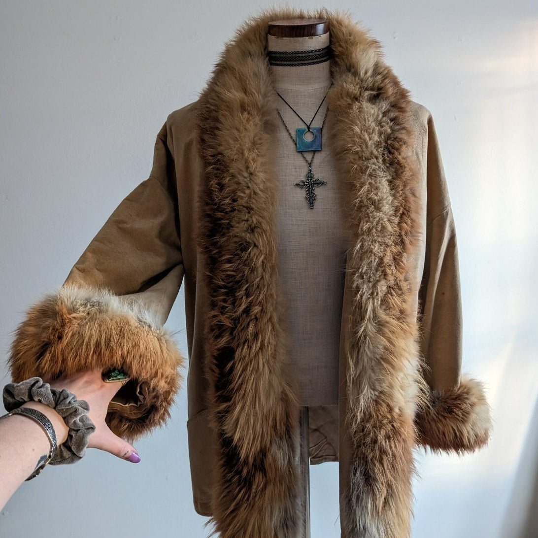 Vintage Tan Brown Afghan Jacket M 70s Shaggy Penny Lane Coat Red Fox Fur Trim