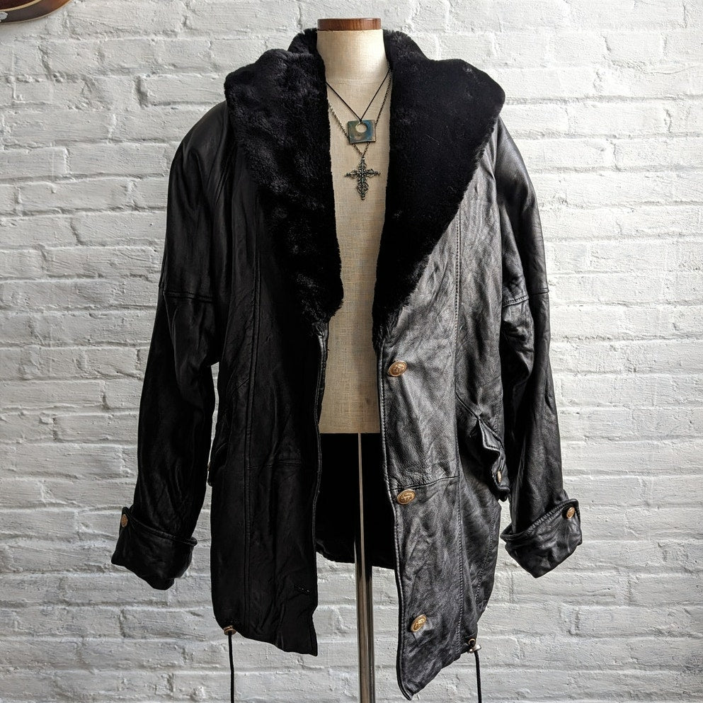 Vintage Black Genuine Leather Biker Jacket Hooded Faux Fur Grunge Duster Coat