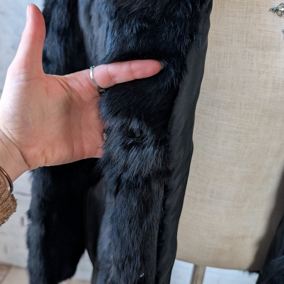 Vintage Jet Black Fur Coat Leather Belted Minimalist Rabbit Furry Fuzzy Jacket