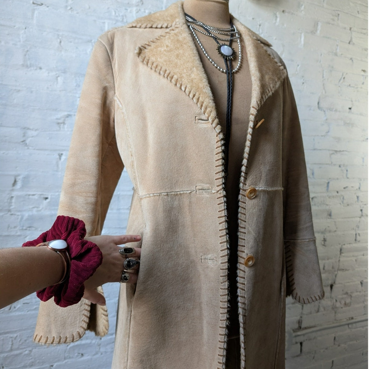 Vintage Neutral Tan Suede Leather Duster Groovy Boho Faux Fur Trench Coat Jacket