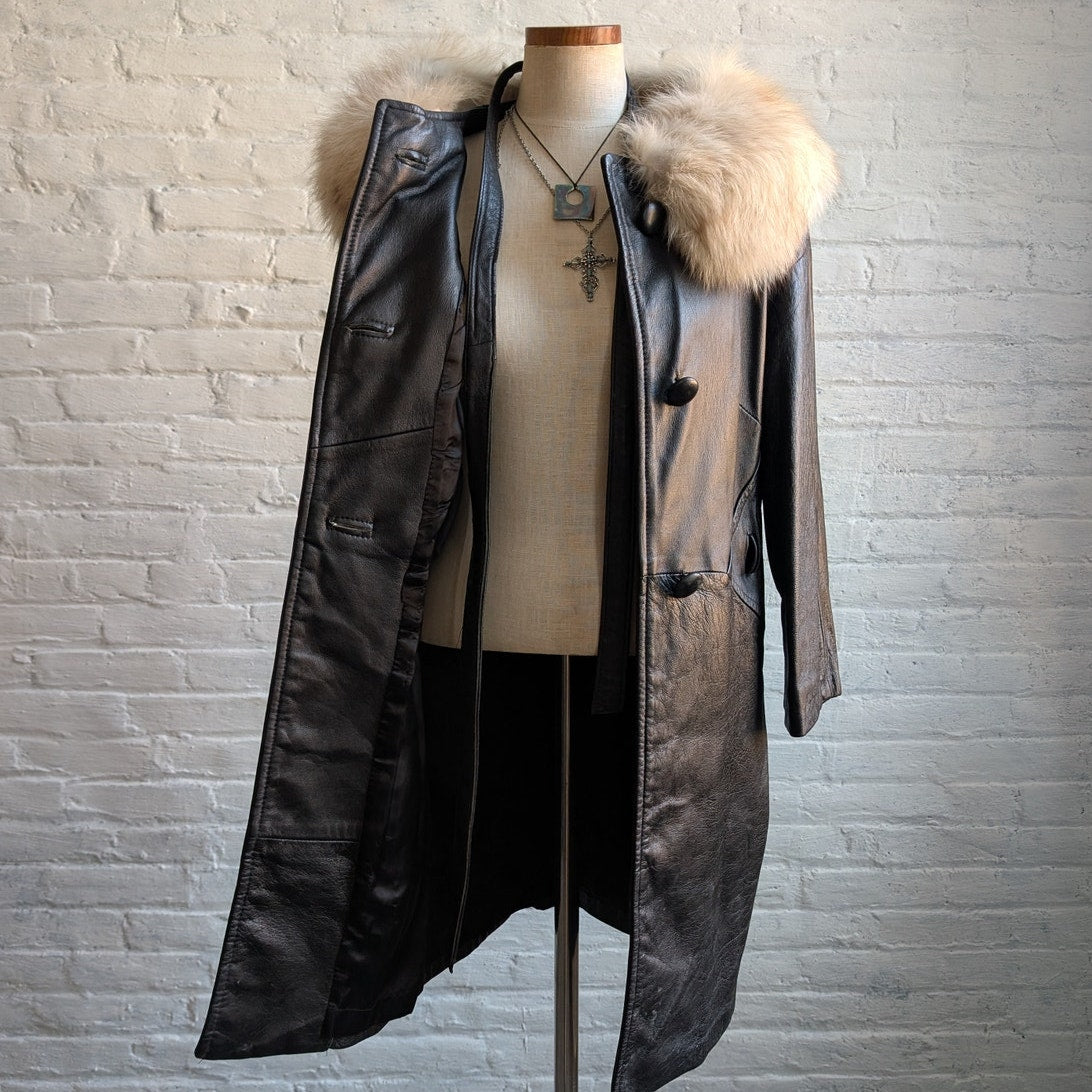 Vintage Black Genuine Leather Penny Lane Coat Fox Fur Trench Minimalist Jacket