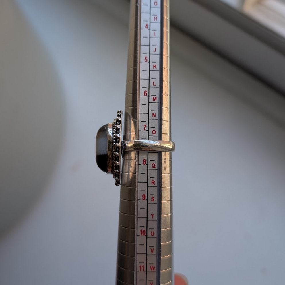 Oval Black Statement Ring Sterling Silver Ring Vintage Boho Natural Stone 7.5