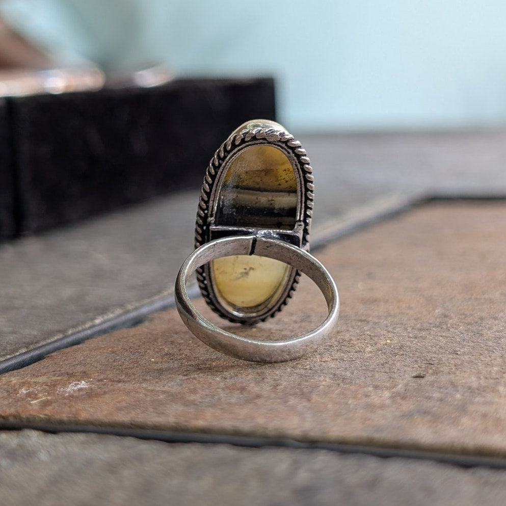 Yellow Striped Boho Statement Ring Sterling Silver Vintage Southwest Size 7.75