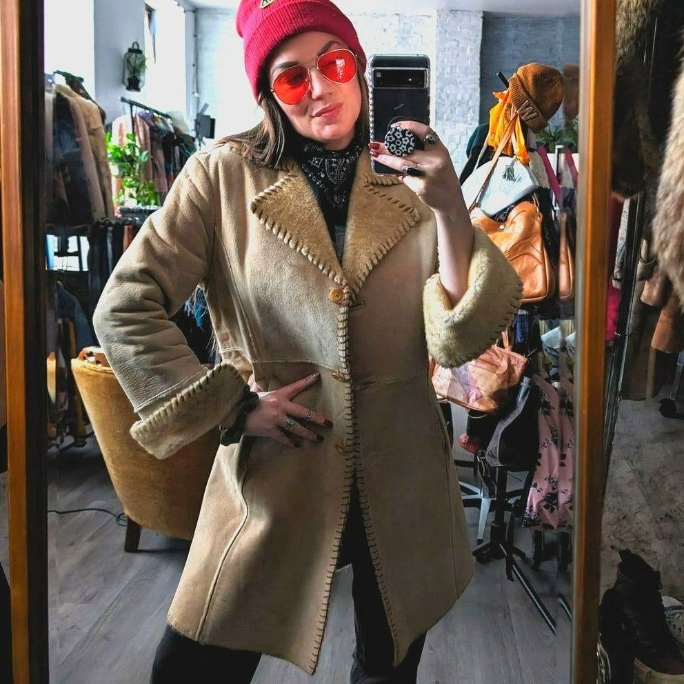 Vintage Neutral Tan Suede Leather Duster Groovy Boho Faux Fur Trench Coat Jacket