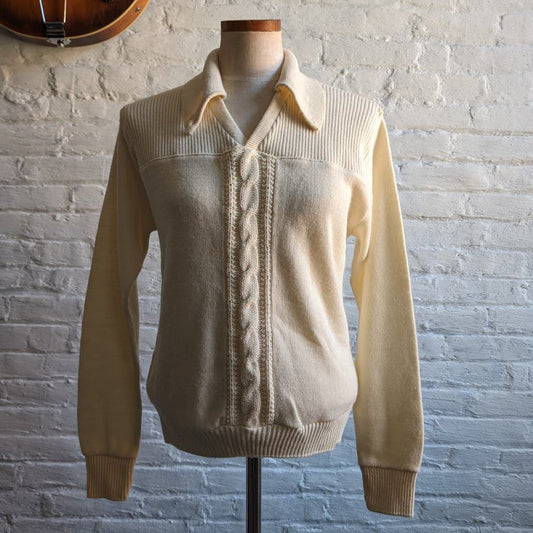 70s Vintage Neutral Cable Knit Grandpa Sweater Minimalist Western Preppy 60s Top
