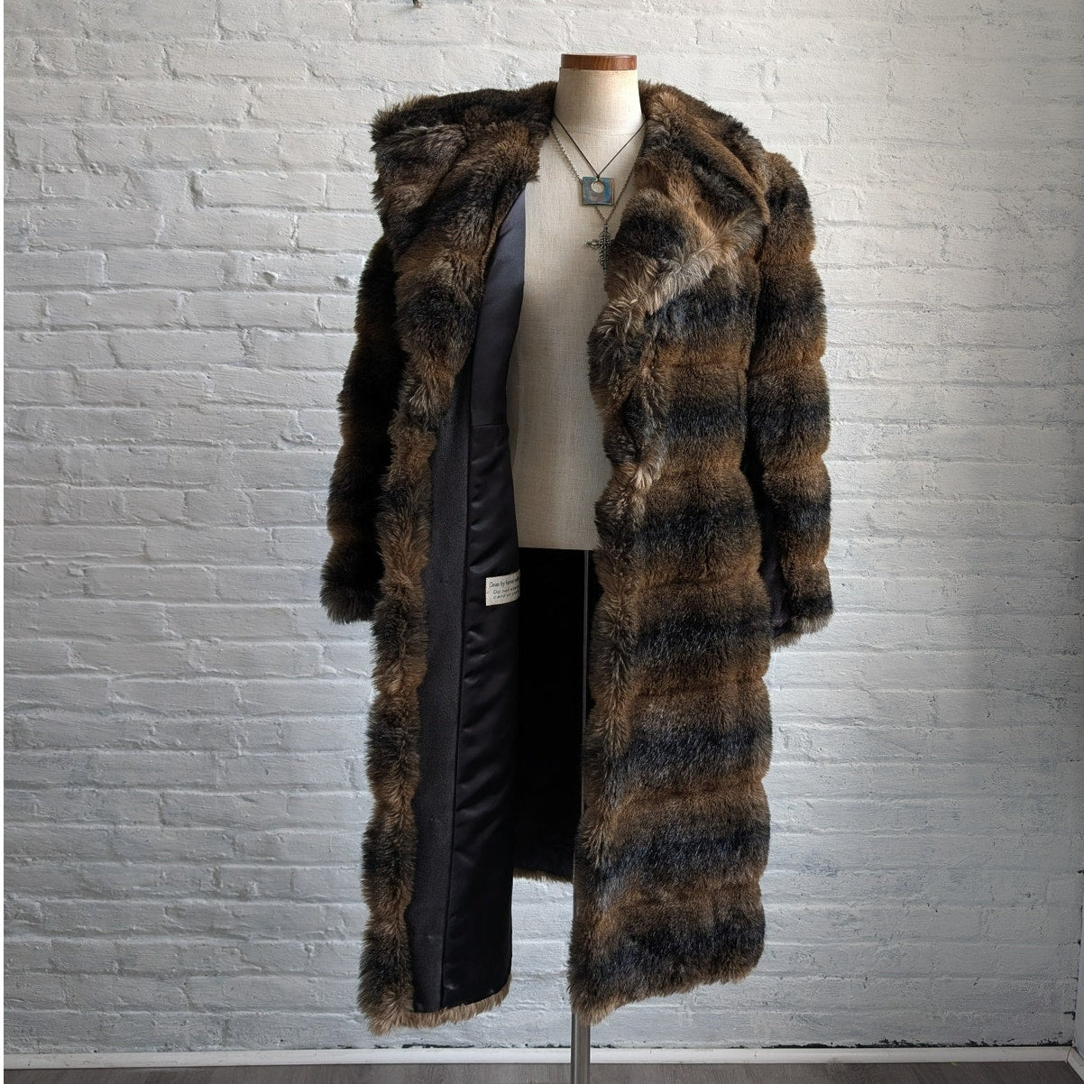 Vintage Ombre Faux Fur Coat Trench Shaggy Faux Leather Groovy Glam Plush Jacket