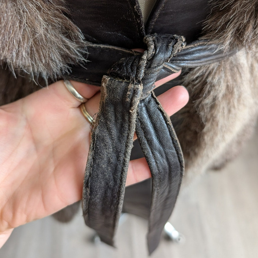 70s Vintage Black Brown Leather Penny Lane Coat Faux Fur Groovy Boho Moto Jacket