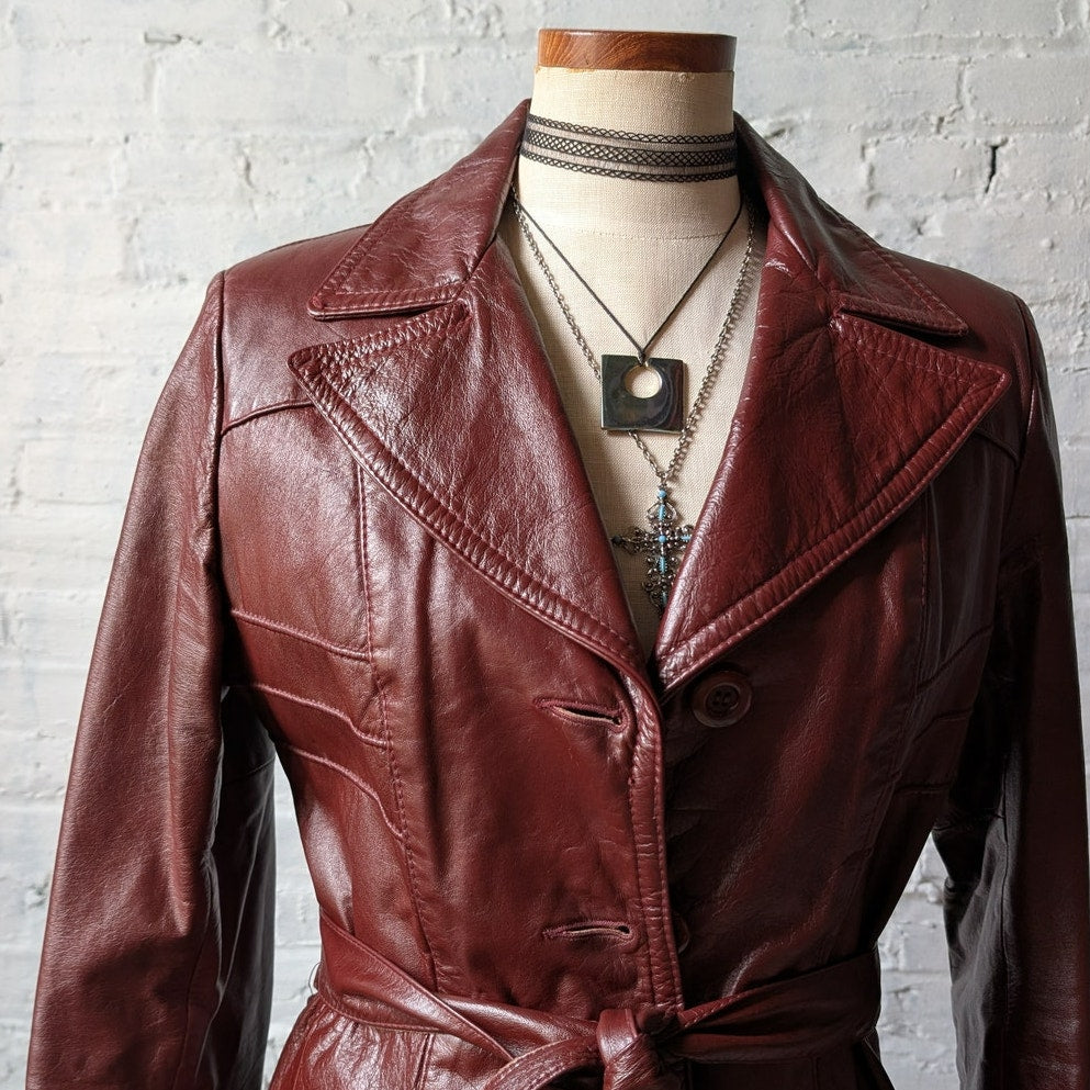 Vintage Red Leather Jacket Trench Coat Minimalist Grunge Chic Burgundy Medium