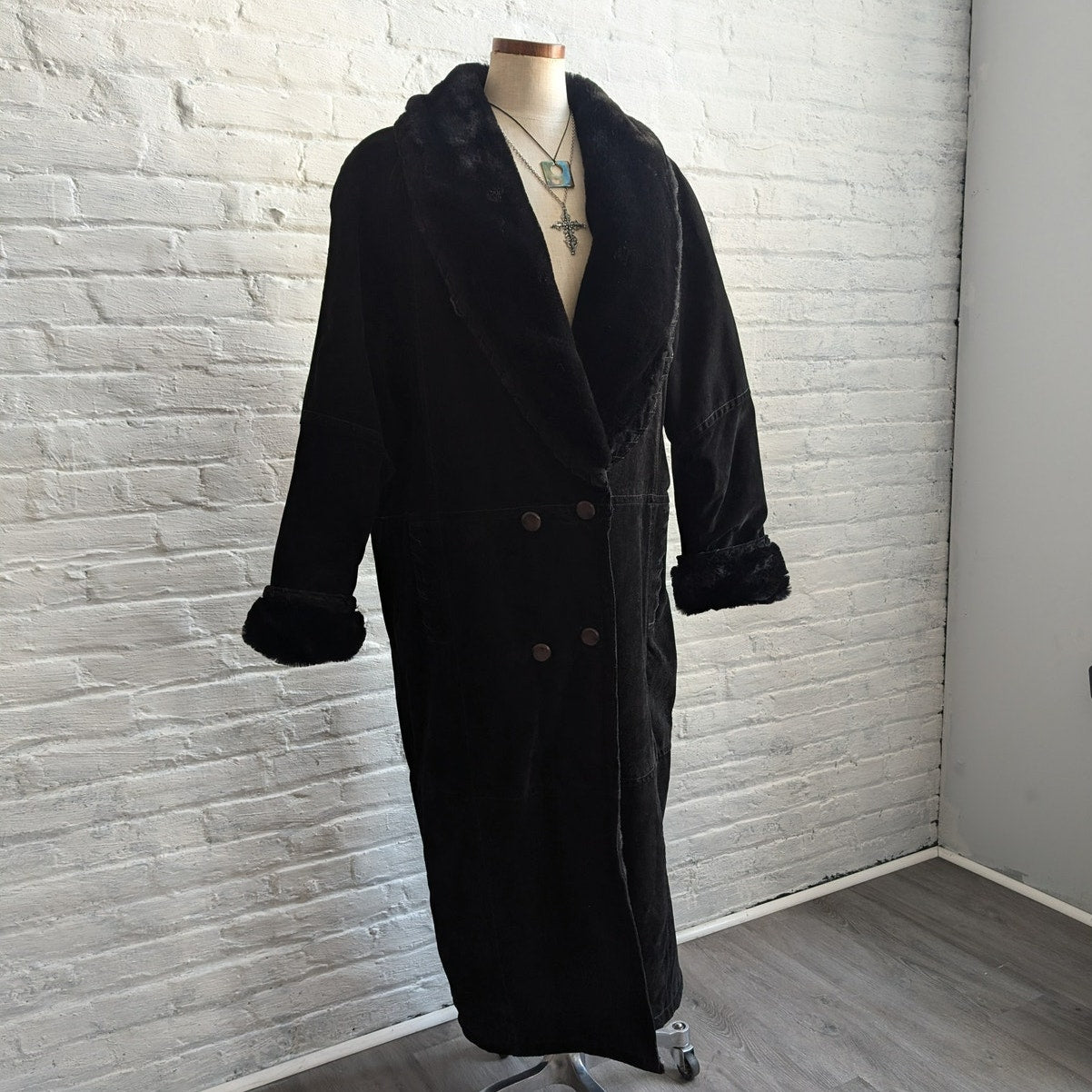 Vintage Black Suede Leather Trench Coat Fur Trim Leather Winter Jacket Large