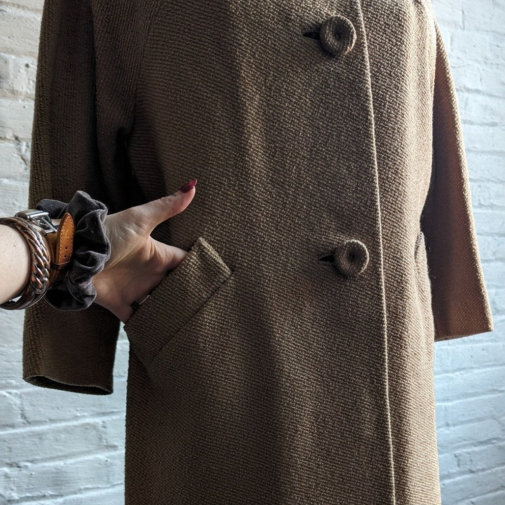Vintage Wool Mink Fur Tan Coat Camel Swing Boucle Furry Collar Mod Chic Jacket