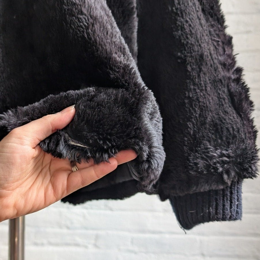 Vintage Black Rabbit Fur Bomber Coat Minimalist Shaggy Furry Fuzzy Moto Jacket