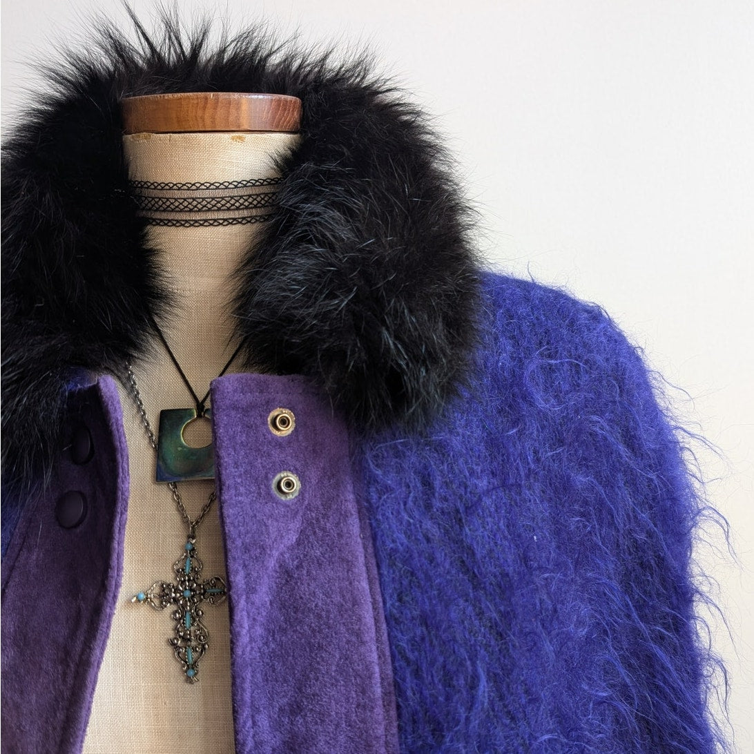 Vintage Purple Suede Mohair Cape Wool Jacket Shag Fur Coat Leather Poncho Medium