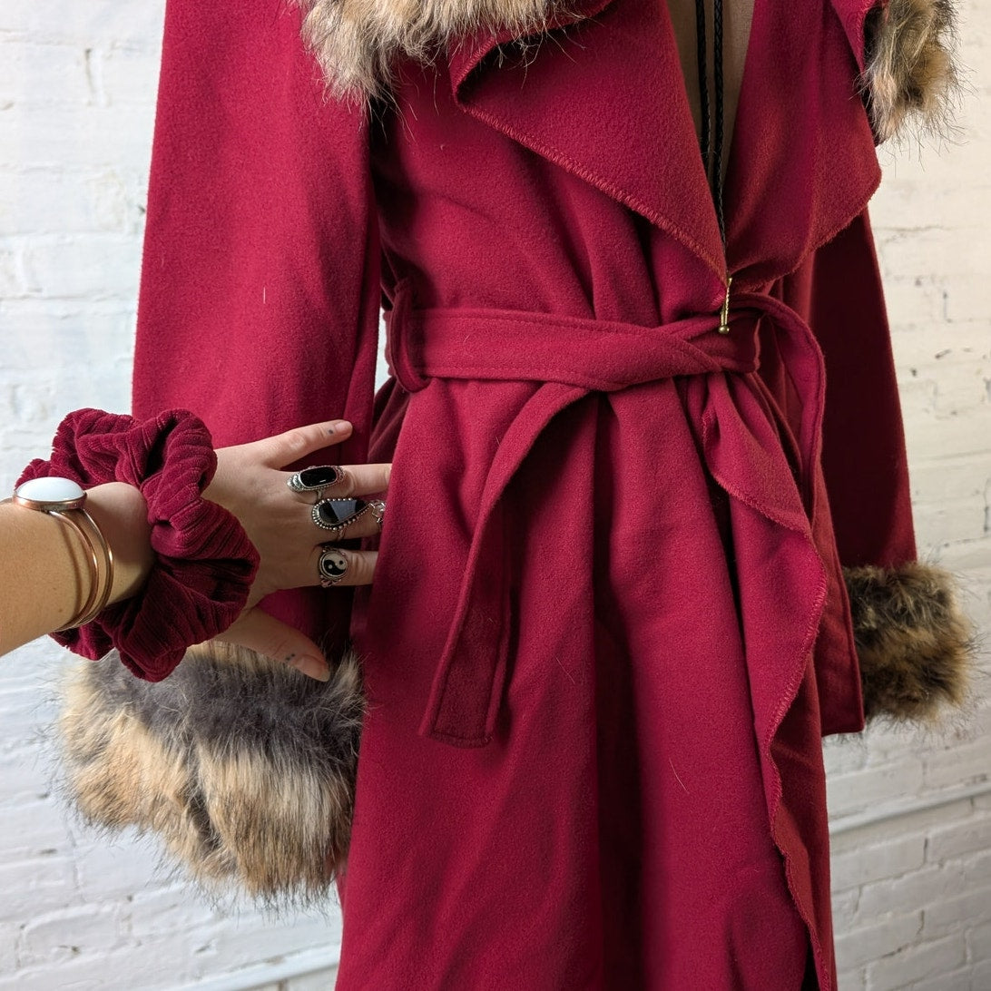 Y2K Red Faux Fur Shaggy Penny Lane Jacket Dark Romance Knit Bratz Trench Coat