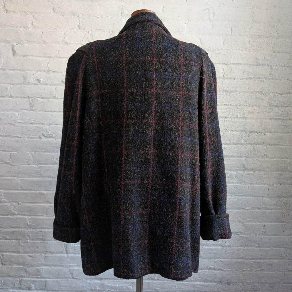 Vintage Black Fuzzy Wool Trench Coat Preppy Plaid Grandpa Sweater Leather Jacket