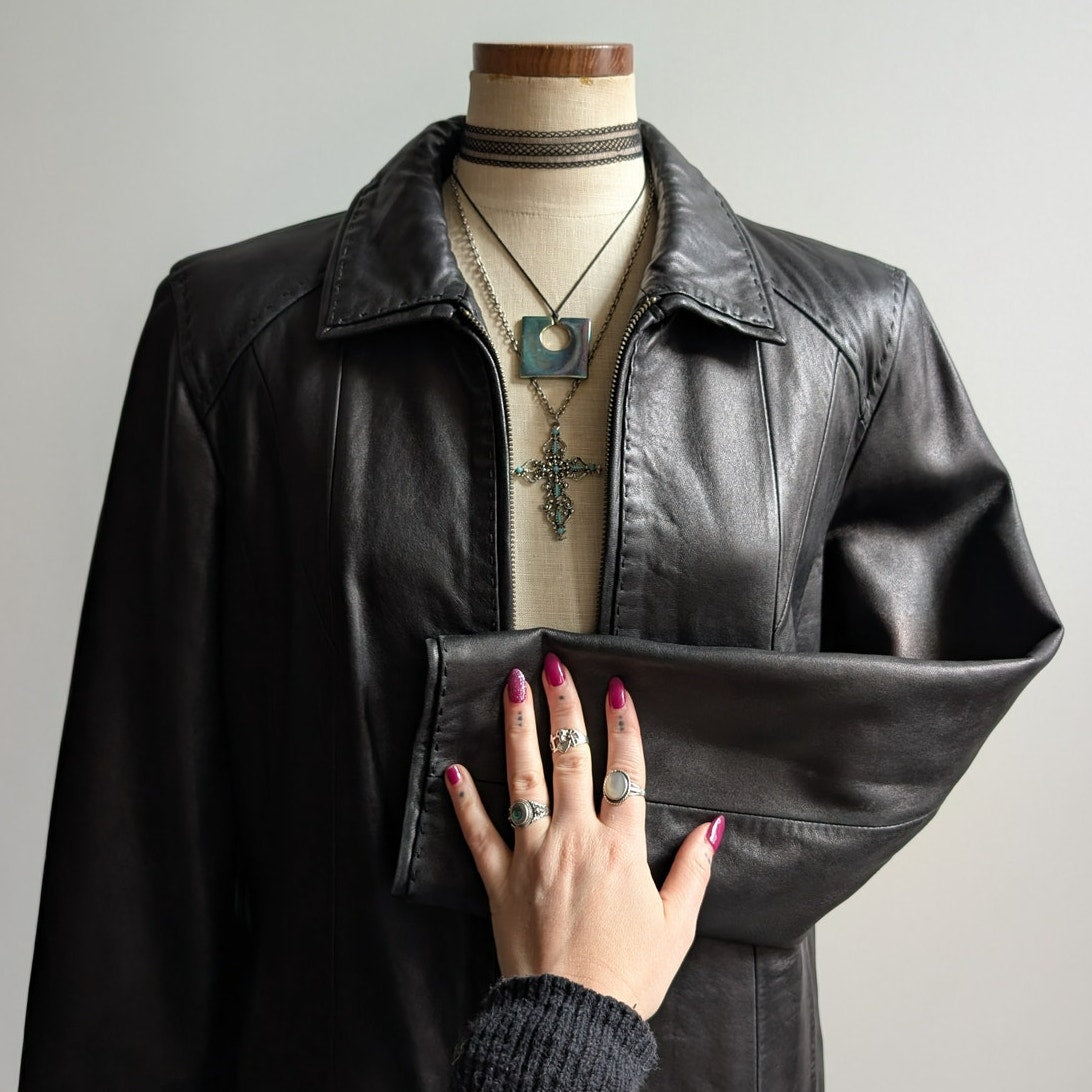 Y2K Vintage Black Leather Moto Jacket Lambskin Coat Minimalist Biker Goth Large