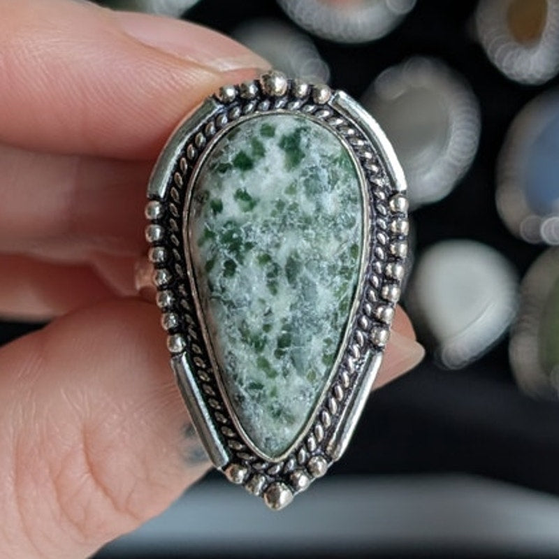 Earthy Green White Sterling Silver Ring Retro Vintage Boho Natural Stone Size 9