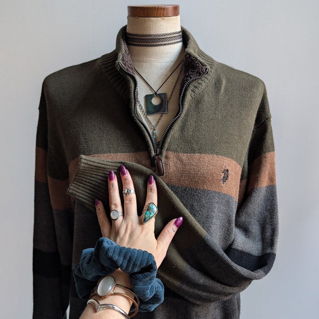 Vintage Green Striped Knit Sweater Earthy Minimalist Grunge Preppy Fleece Large