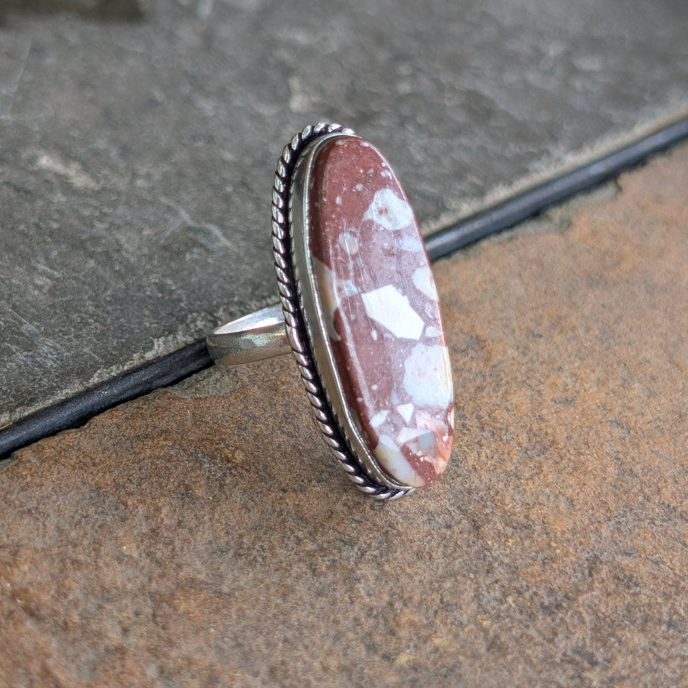 Red Oval Boho Ring Silver Statement Ring Groovy Vintage Southwest Rusty Size 8.5