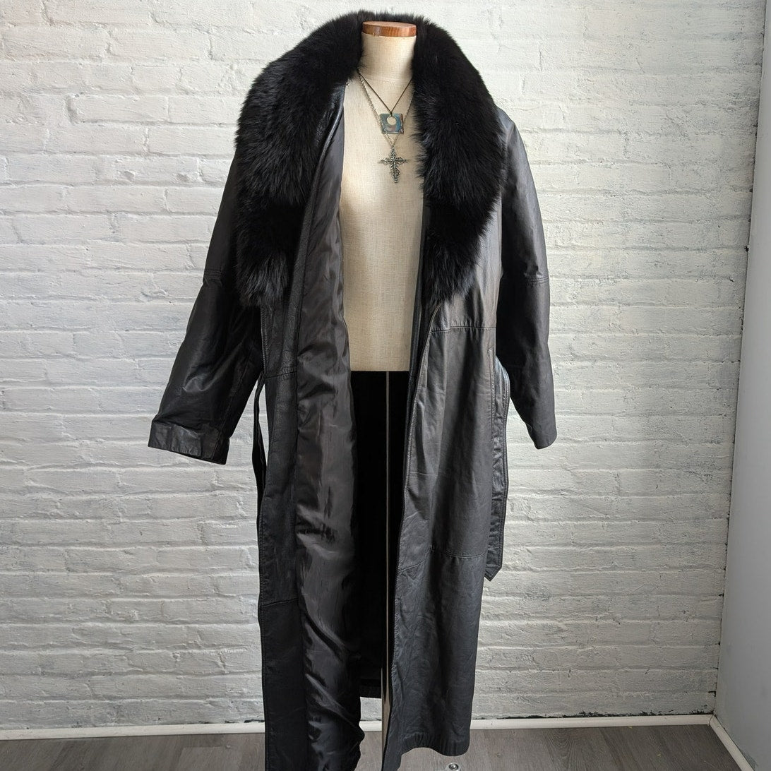 Vintage Black Leather Penny Lane Coat Fur Trench Minimalist Goth Furry Jacket