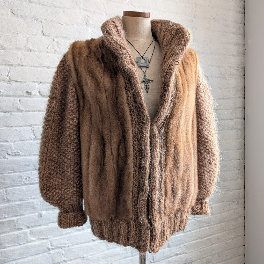 Vintage Chunky Knit Mink Fur Coat Mohair Sweater Vest Minimalist Boho Jacket