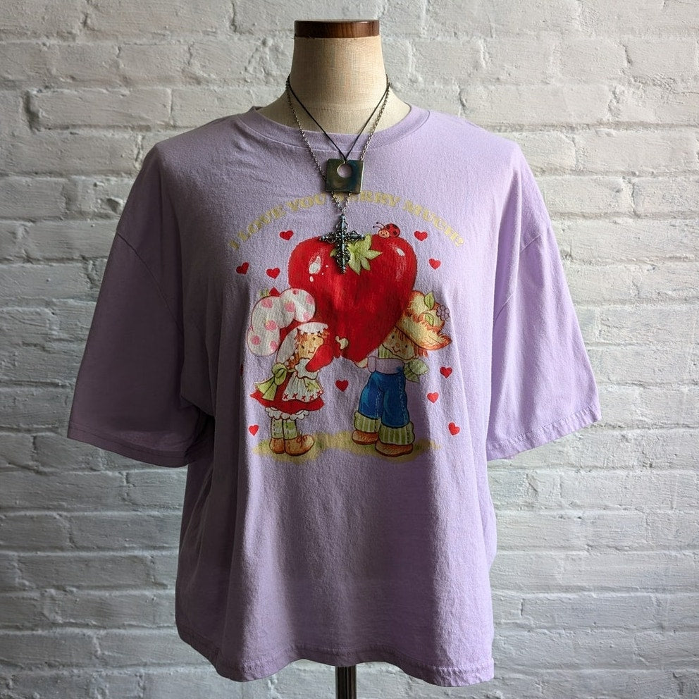 Retro Strawberry Shortcake Graphic Tee Pastel Purple Kawaii Heart Tshirt Top XXL