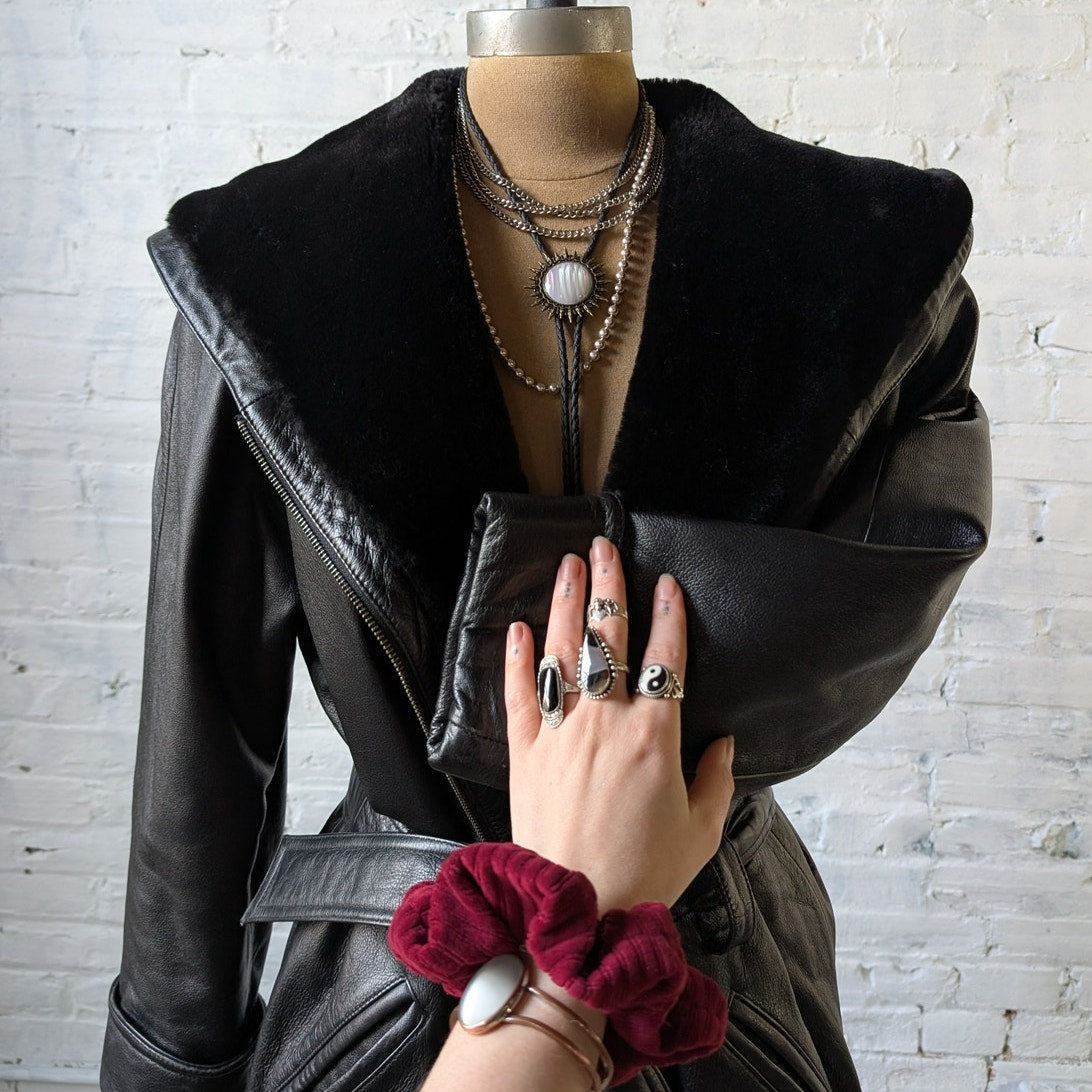 Vintage Black Leather Penny Lane Coat Faux Fur Trench Minimalist Goth Jacket