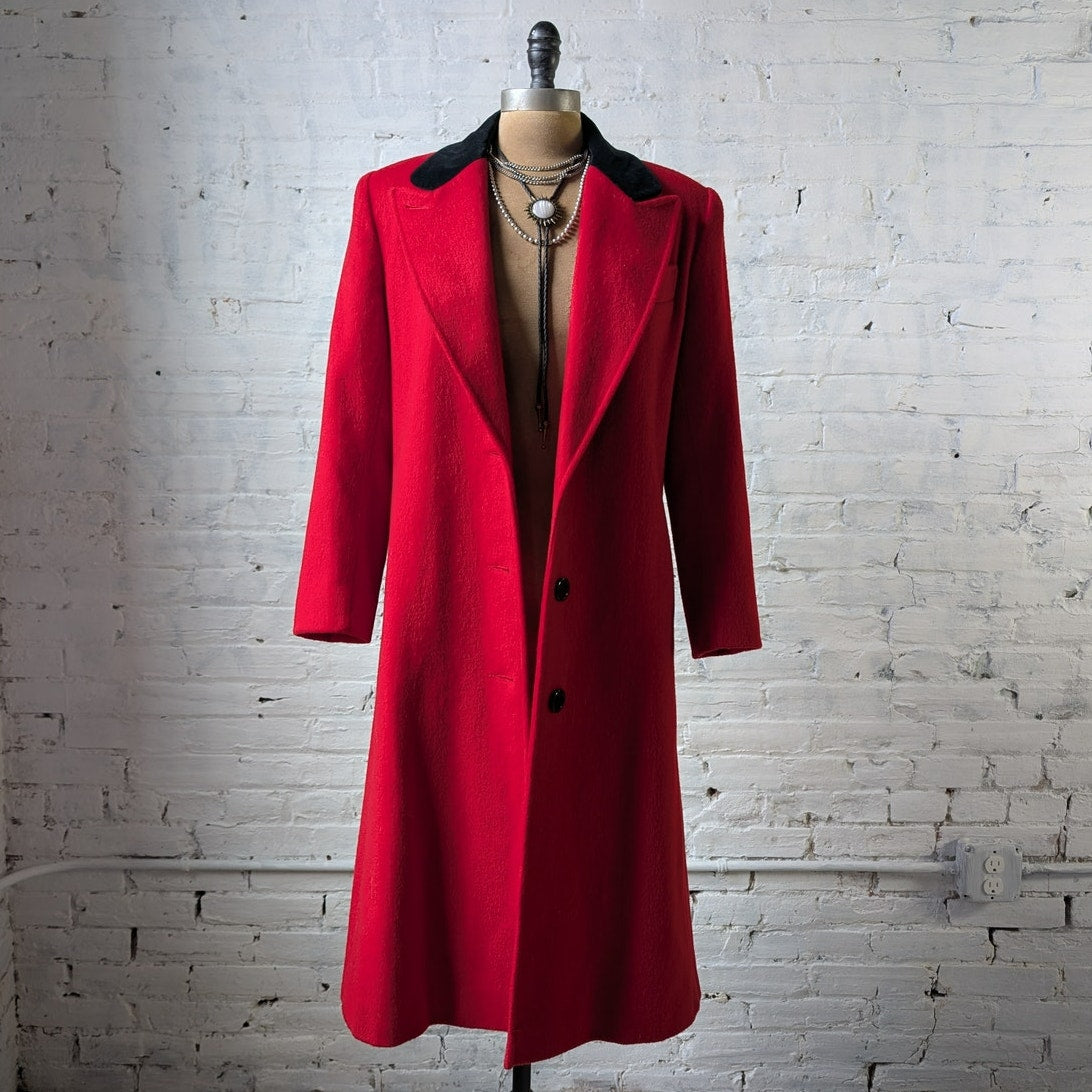 Vintage Red Wool Trench Coat Statement Velvet Collar Dark Romance Pleated Jacket