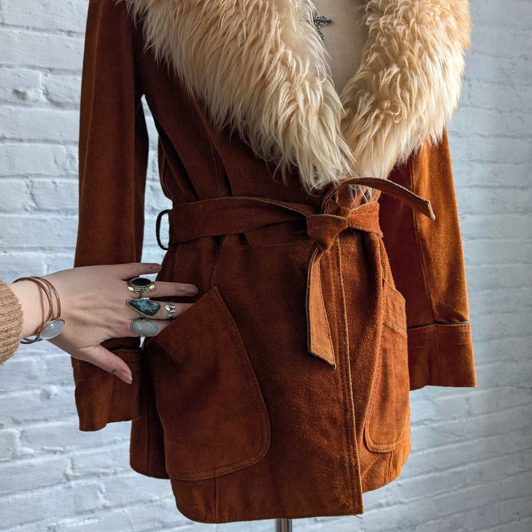Vintage Orange Suede Penny Lane Jacket Groovy Furry Genuine Leather Trench Coat