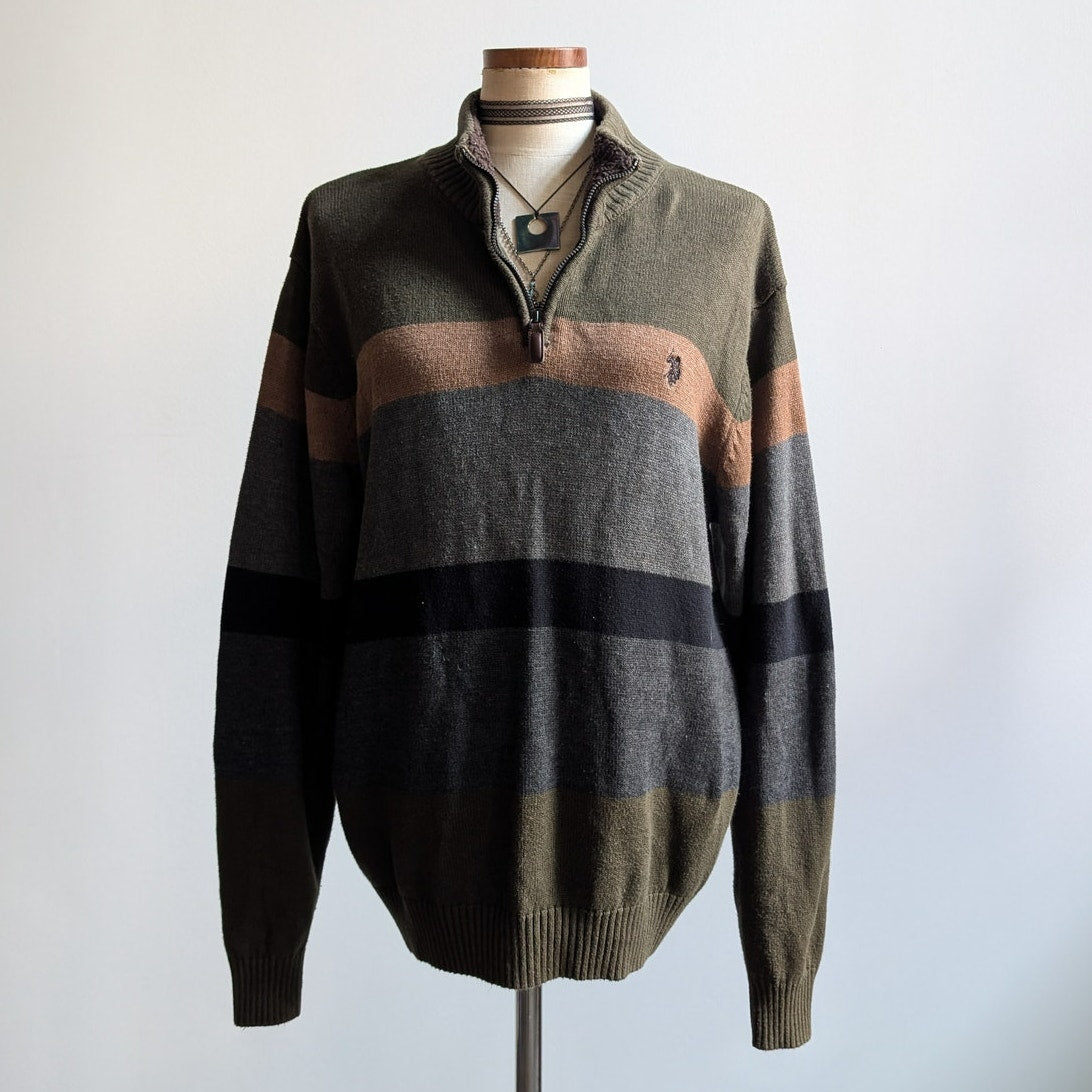 Vintage Green Striped Knit Sweater Earthy Minimalist Grunge Preppy Fleece Large