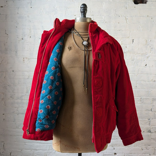 Vintage Red Corduroy Bomber Jacket Western Nerdcore Y2K Statement Puffer Coat