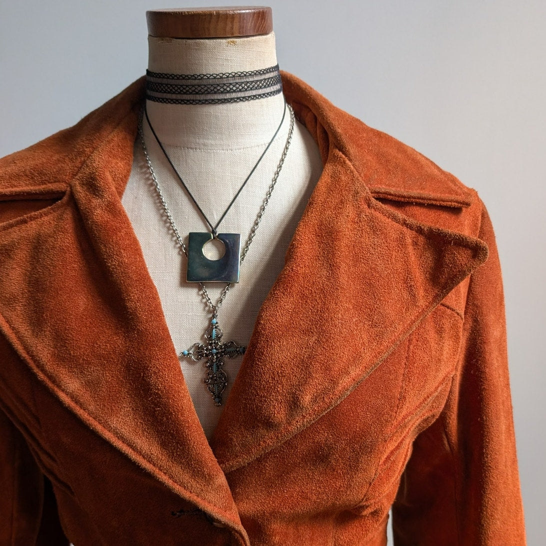 Vintage Orange Brown Suede Jacket Belted Leather Coat Western Rust Red 70s Small