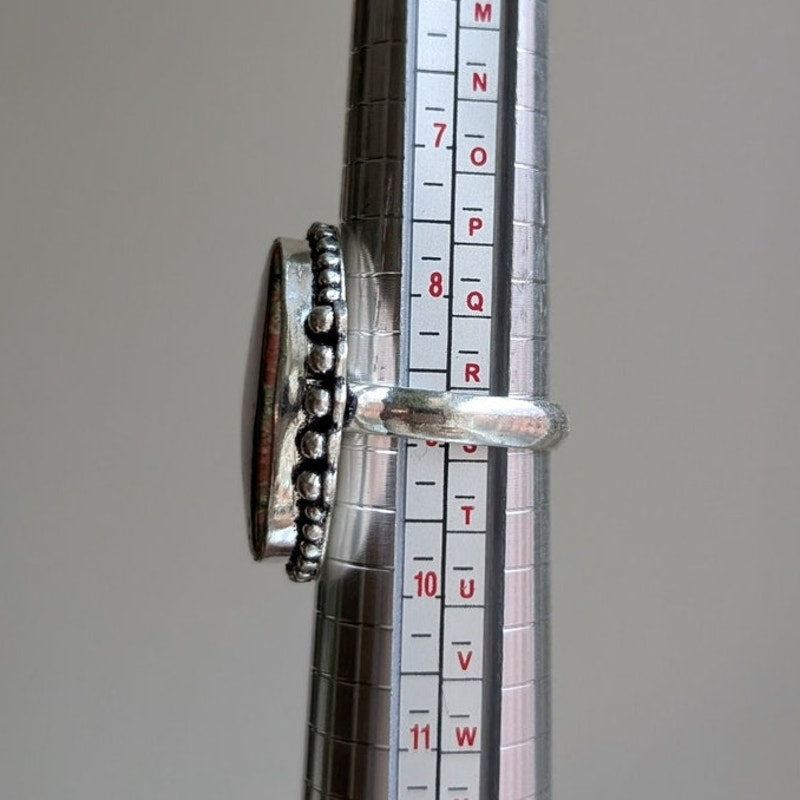 Earthy Green Pink Natural Stone Ring Boho Chic Sterling Silver Vintage Size 9