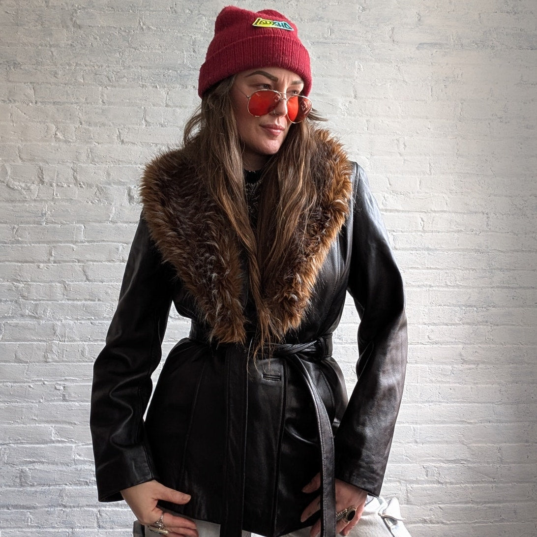 Vintage Black Minimalist Leather Fur Coat Penny Lane Chic Goth Furry Moto Jacket